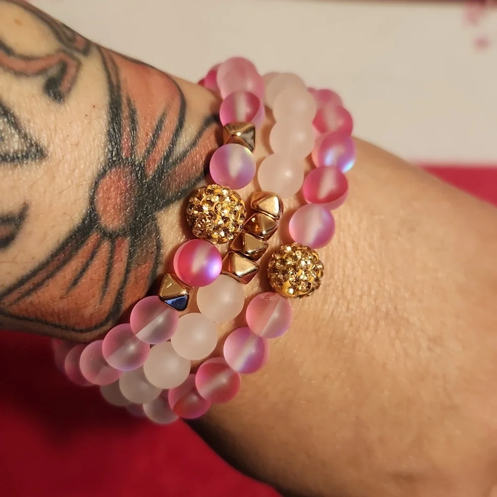Iridescent Rose Quartz Stretch Bracelets, Set Of 3